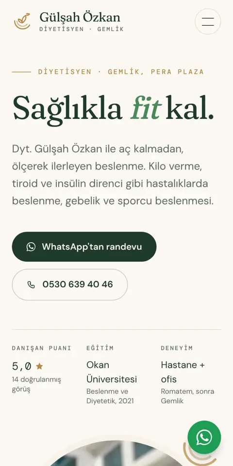Dyt. Gülşah Özkan sitesinin telefondaki ilk ekranı