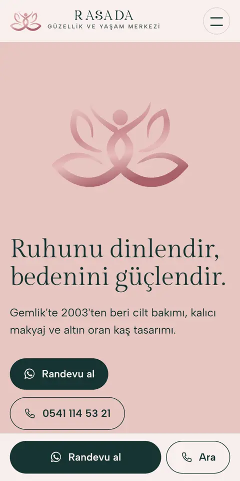Rasada Güzellik sitesinin telefondaki ilk ekranı